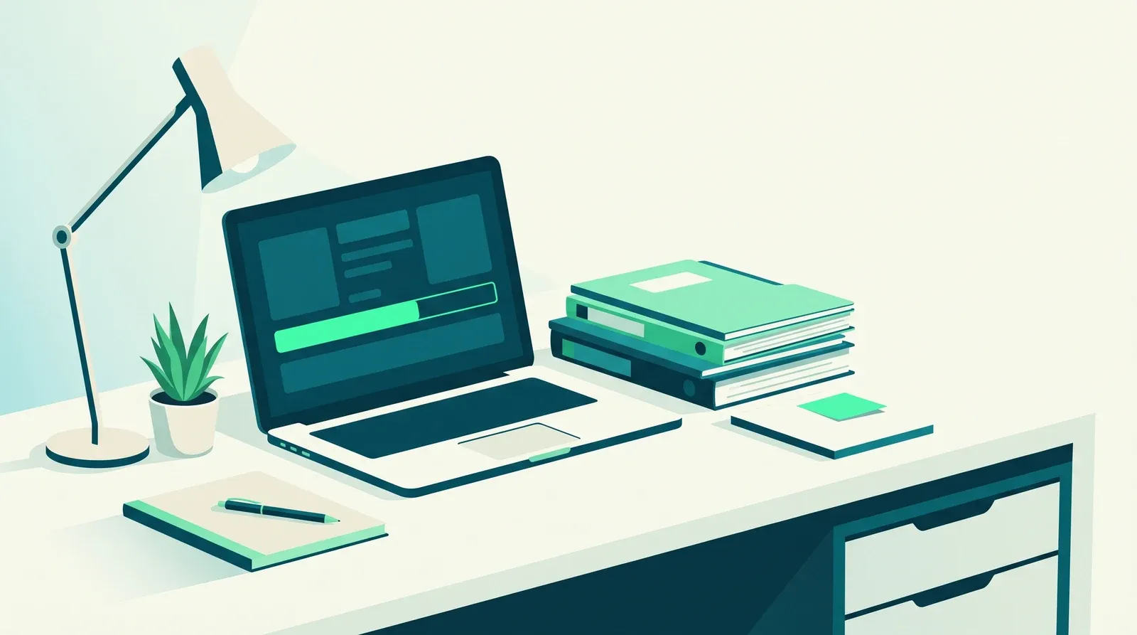 Assistant de direction c'est quoi : bureau avec ordinateur portable, dossiers classés, carnet et lampe