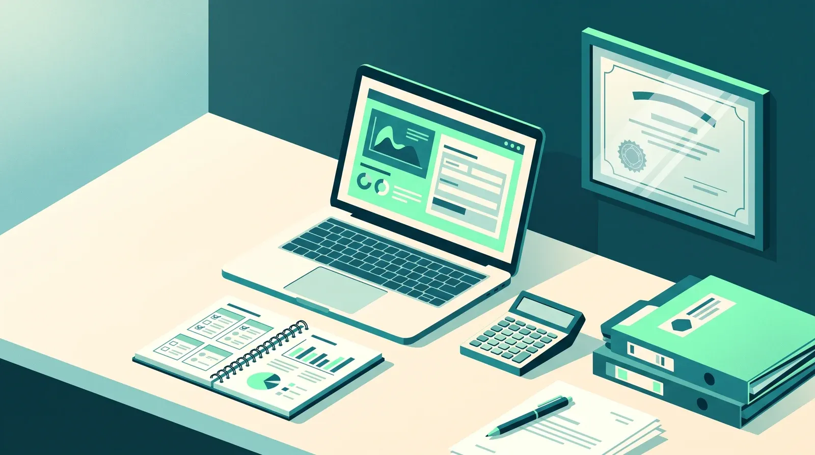 Bureau d'assistant RH freelance : ordinateur portable ouvert sur un tableau de bord, classeurs du personnel, calculatrice, carnet de suivi et certificat encadré au mur