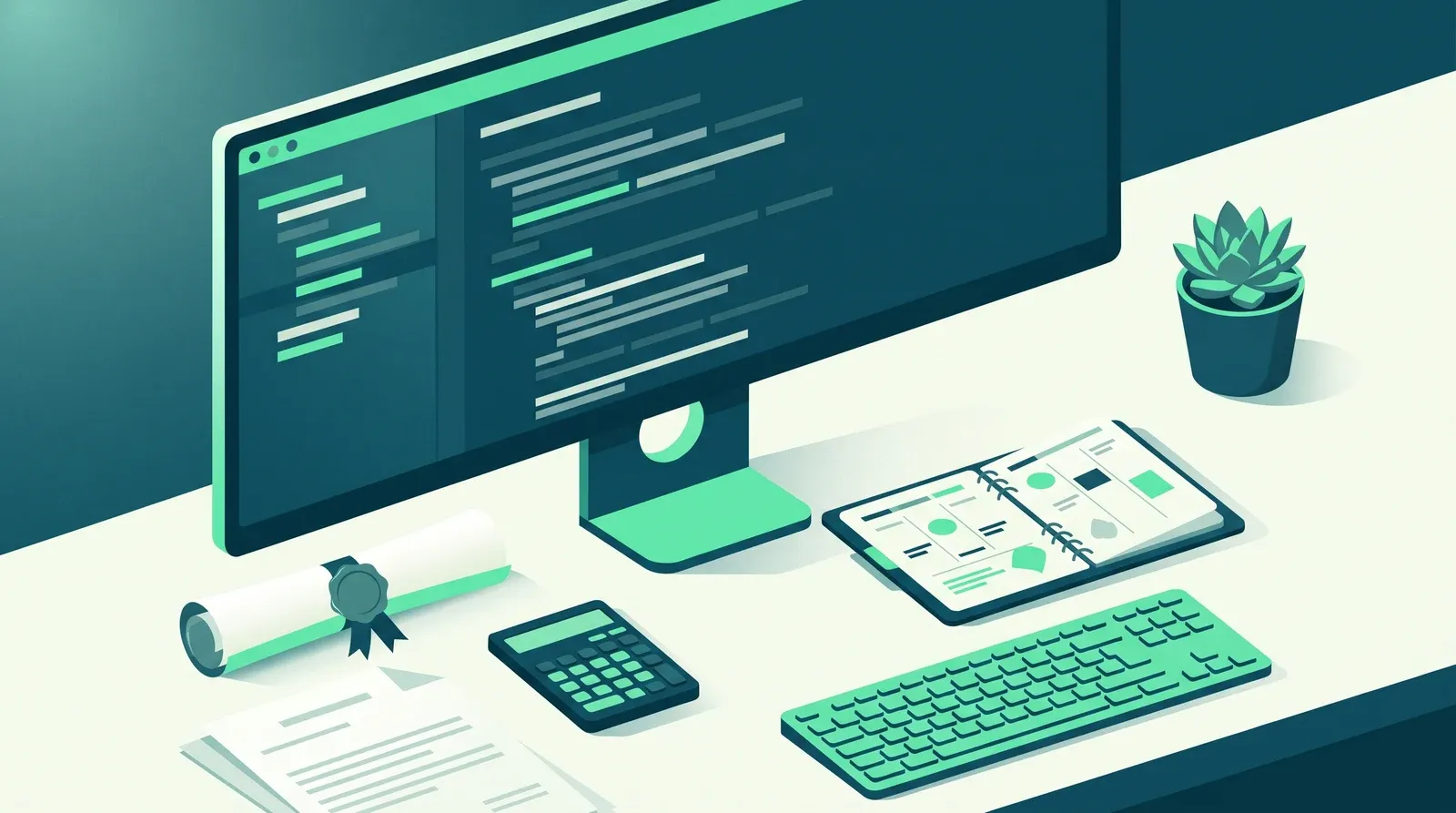 Poste de travail d'un développeur full stack freelance : grand écran affichant du code, diplôme roulé, calculatrice pour chiffrer son TJM et carnet de maquettes