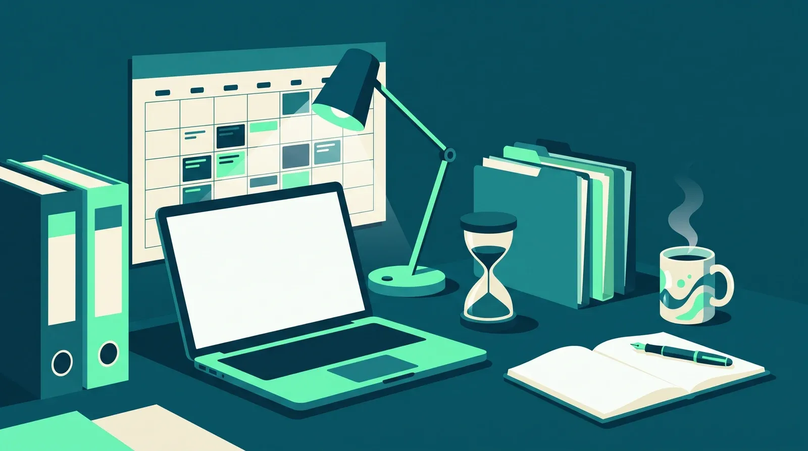 Étudier en travaillant : bureau du soir avec ordinateur portable, calendrier mensuel au mur, lampe, classeurs, sablier et tasse de café
