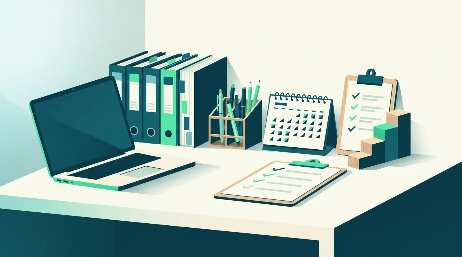 Bureau d'assistant de direction avec ordinateur portable, classeurs, calendrier et check-lists, illustration de la fiche de poste assistant de direction