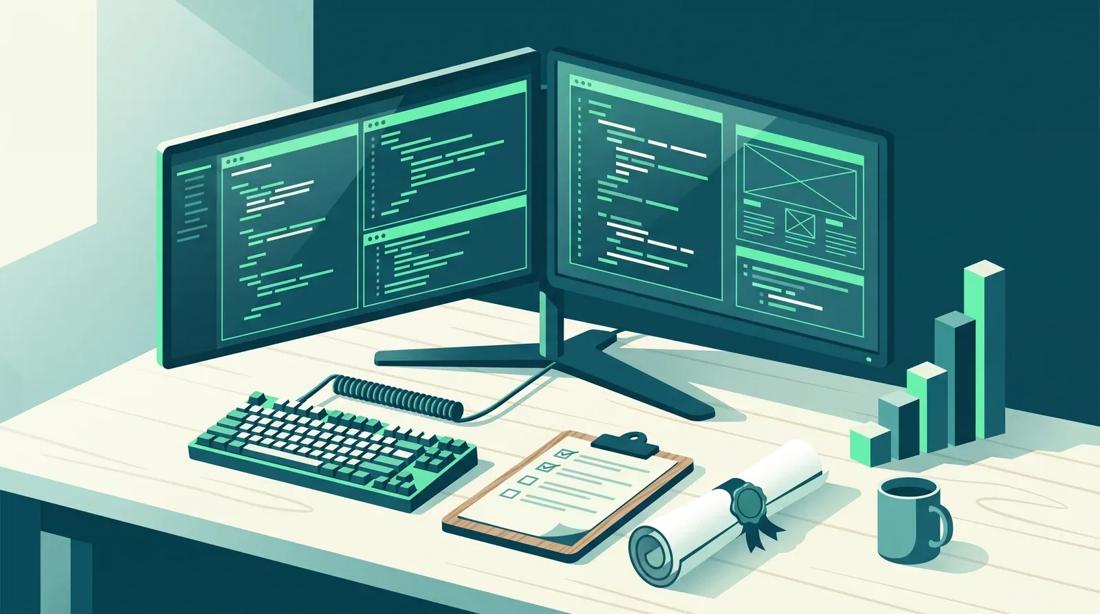 Poste de travail d'un développeur web avec deux écrans de code, illustration de la fiche de poste développeur web