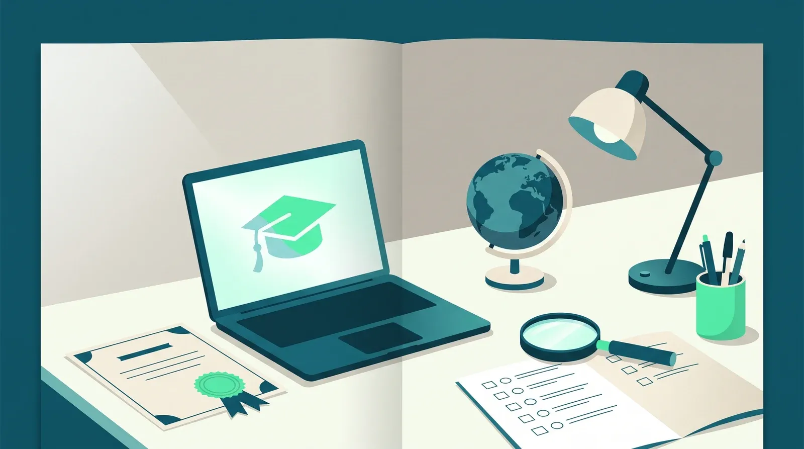 Formation en ligne reconnue : bureau avec ordinateur portable, certificat scellé, loupe de vérification et globe terrestre