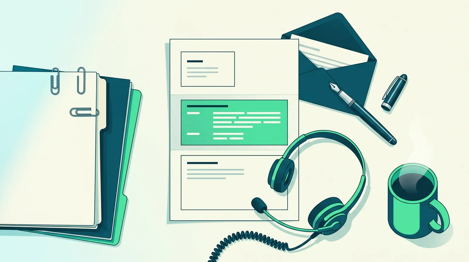 Lettre de motivation assistant commercial en trois blocs sur un bureau, avec un casque d'appel, une enveloppe, un stylo et des dossiers
