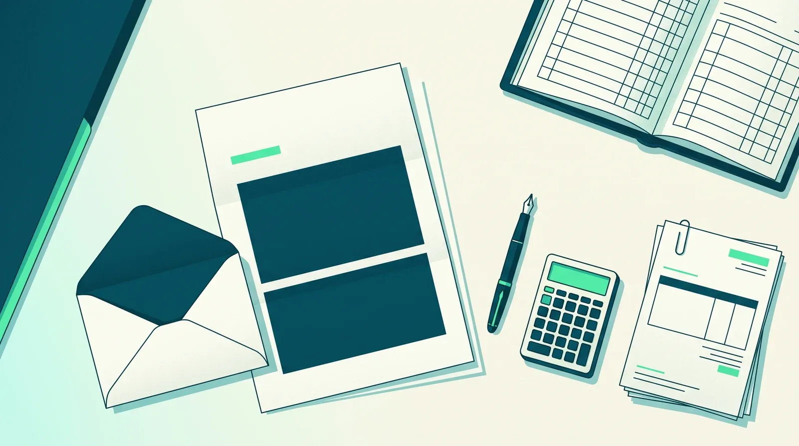 Lettre de motivation comptable assistant sur un bureau, avec une enveloppe, une calculatrice, des factures et un grand livre comptable