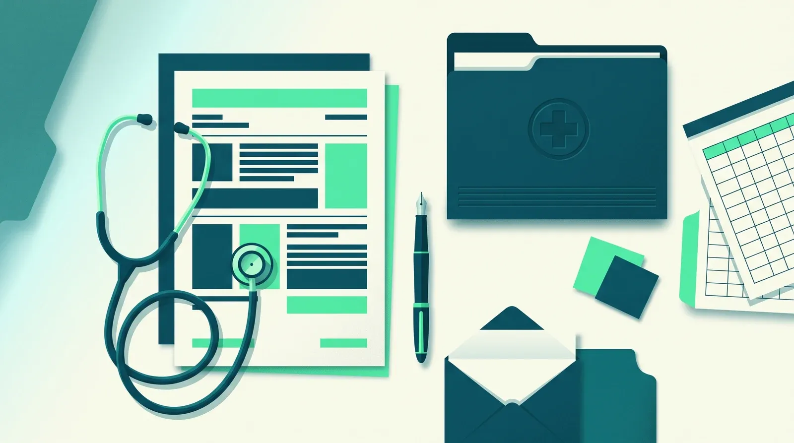 Lettre de motivation secrétaire médicale posée sur un bureau, à côté d'un stéthoscope, d'un dossier patient et d'un planning de rendez-vous