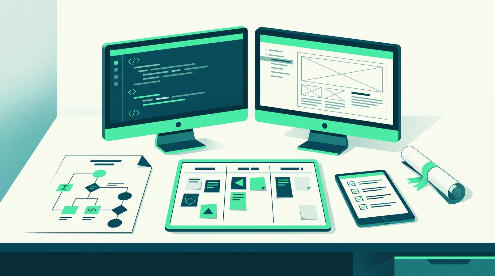 Missions développeur web : poste de travail avec éditeur de code, maquette d'interface et écran de smartphone en test