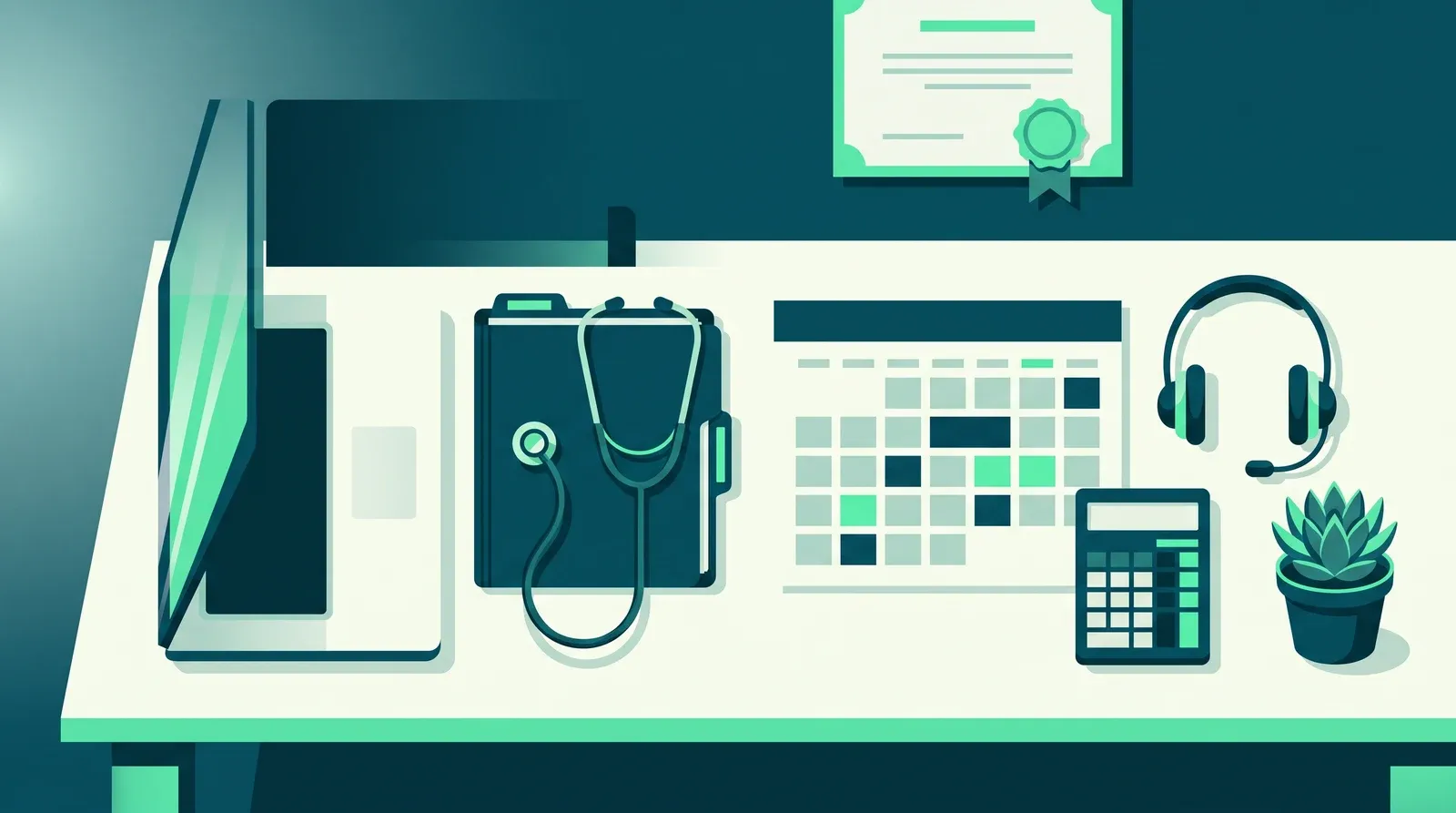 Bureau de secrétaire médicale freelance : ordinateur, dossier médical avec stéthoscope, agenda de rendez-vous et casque téléphonique