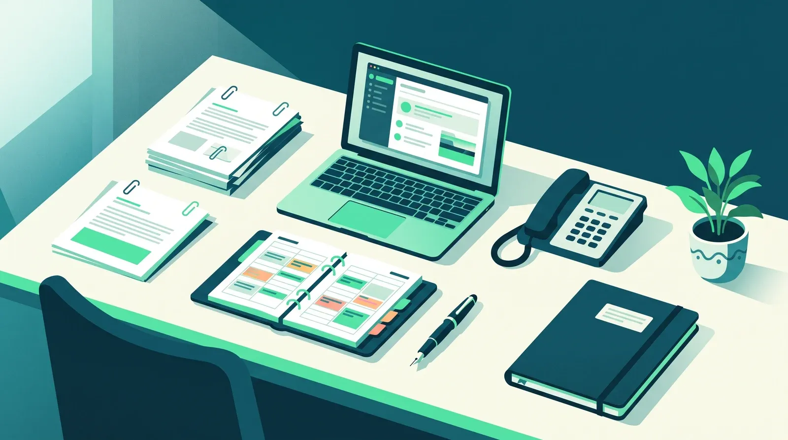 Stage assistant de direction : bureau avec ordinateur portable, agenda ouvert, téléphone, dossiers et carnet de notes