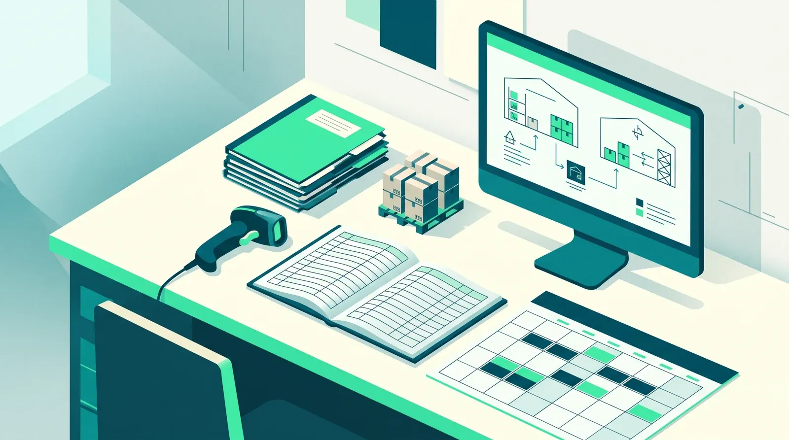Stage responsable logistique : bureau avec journal de bord ouvert, scanner de codes-barres, palette de cartons, planning et écran affichant un schéma de flux d'entrepôt