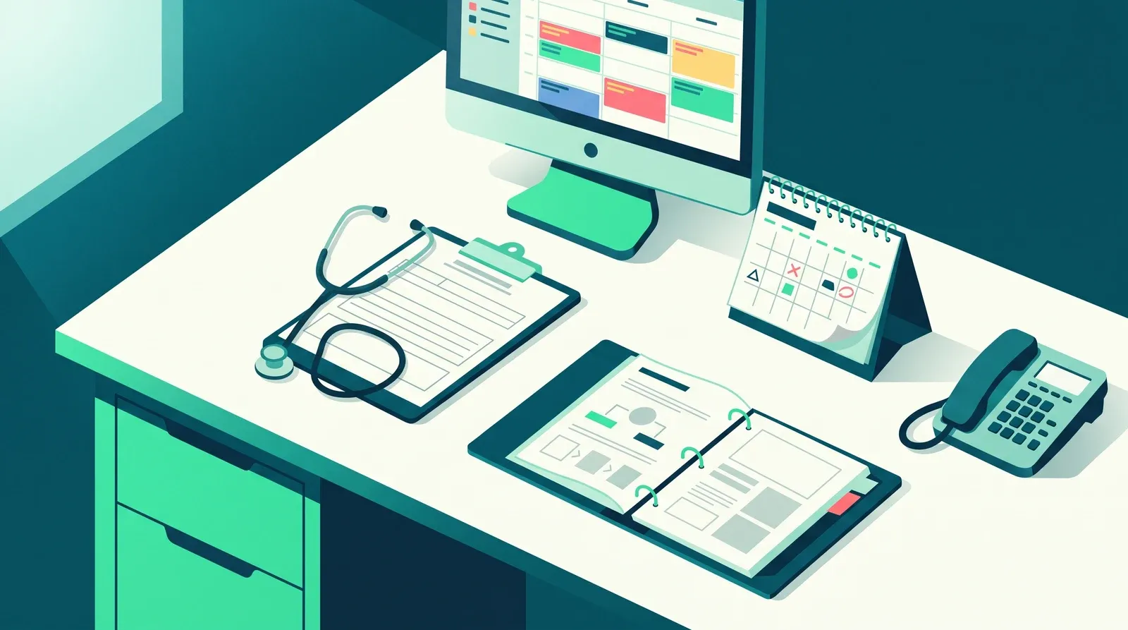 Stage secrétaire médicale : bureau d'accueil avec agenda des rendez-vous à l'écran, téléphone, stéthoscope et classeur de dossiers patients